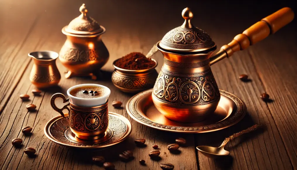 A wooden table displaying a copper cezve and finely ground Turkish coffee