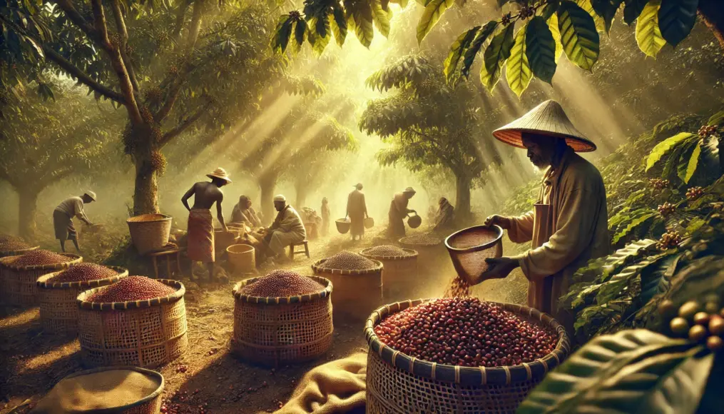 Robusta coffee beans being harvested and sorted in Uganda