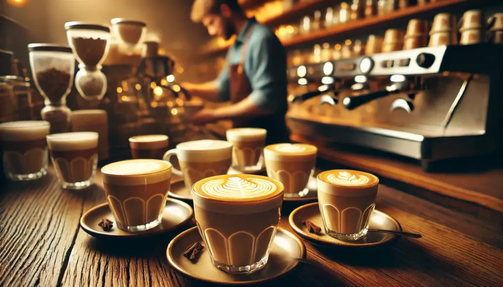 A café counter featuring vanilla-flavored lattes