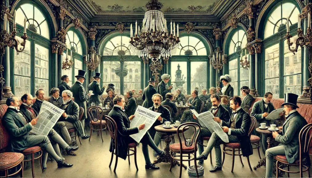 People reading newspapers in an 18th-century Viennese café