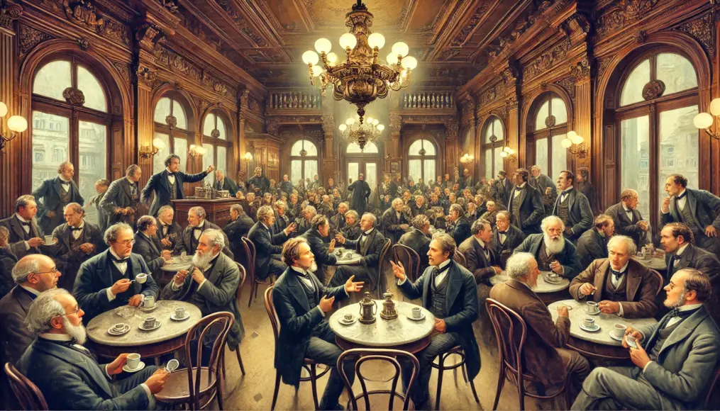 Intellectuals debating in a 19th-century Viennese café