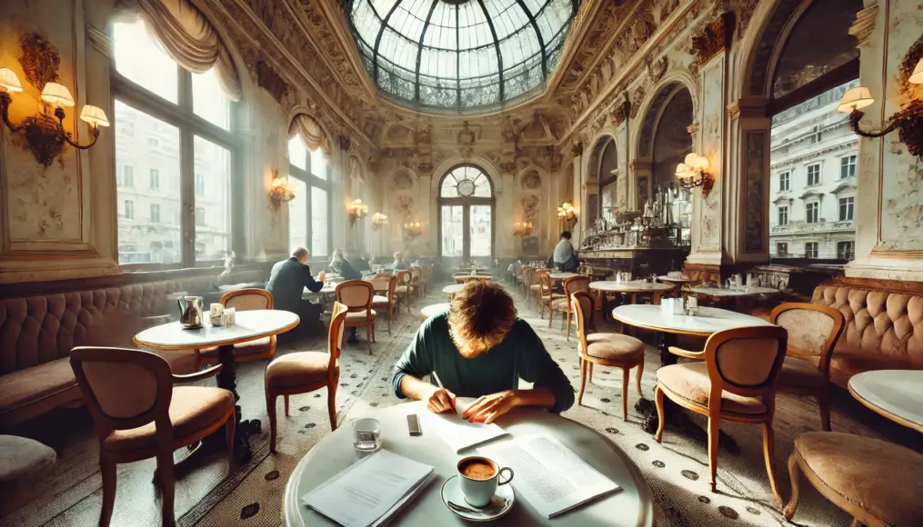 A writer composing in a Viennese café