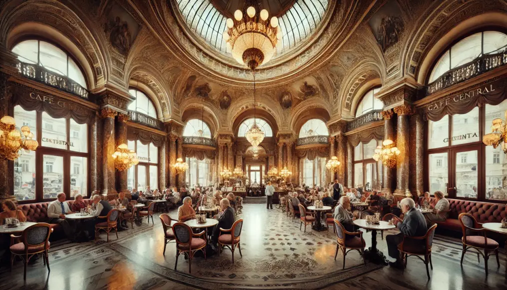 The grand interior of Café Central in Vienna