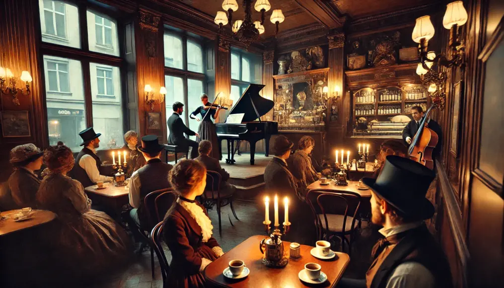 A small music concert being held in a 19th-century Viennese café