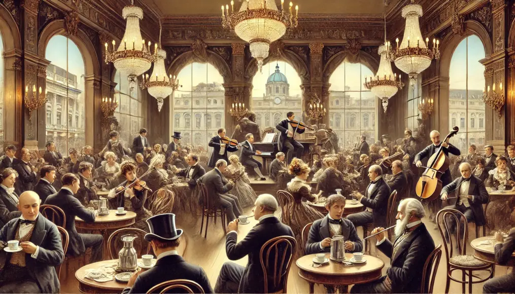 19th-century musicians enjoying a performance in a Viennese café