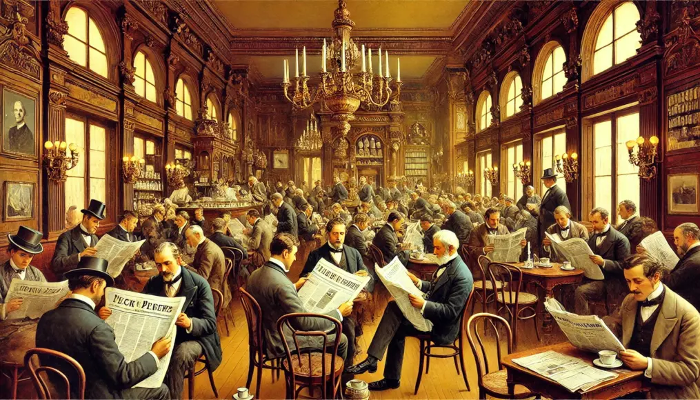 People reading newspapers and discussing politics in a 19th-century Viennese café