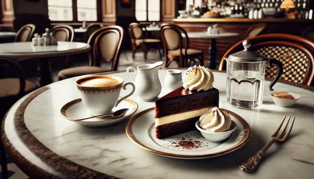 A serving of Sachertorte and coffee at a Viennese café