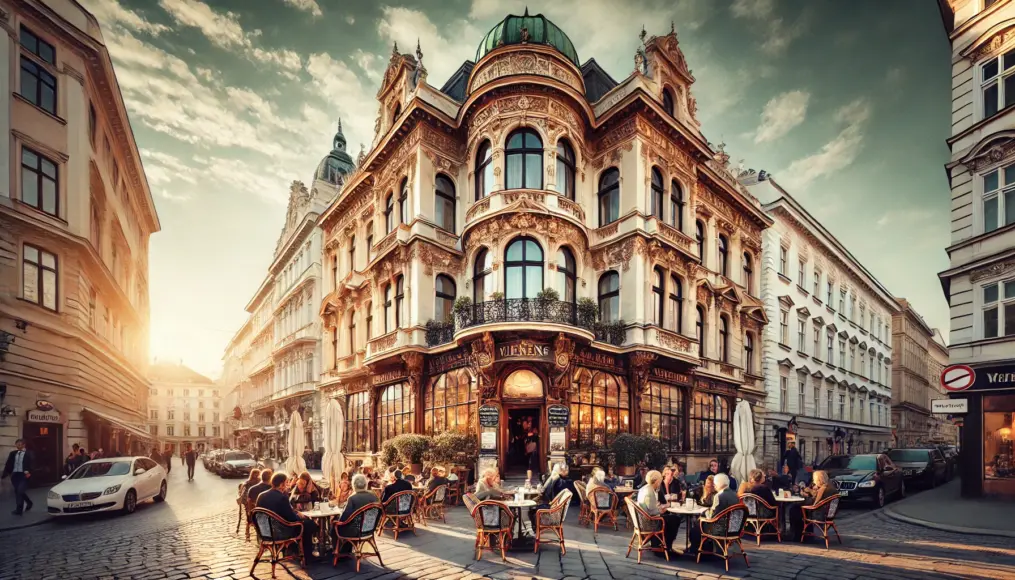 The exterior of a historic Viennese café with beautiful city scenery