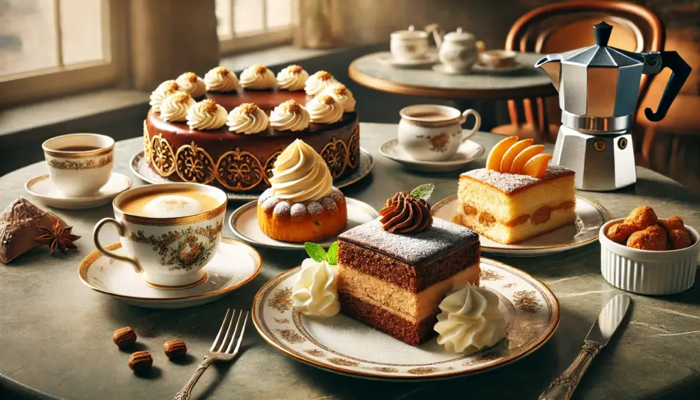 A serving of Sachertorte and Apfelstrudel in a home café setup