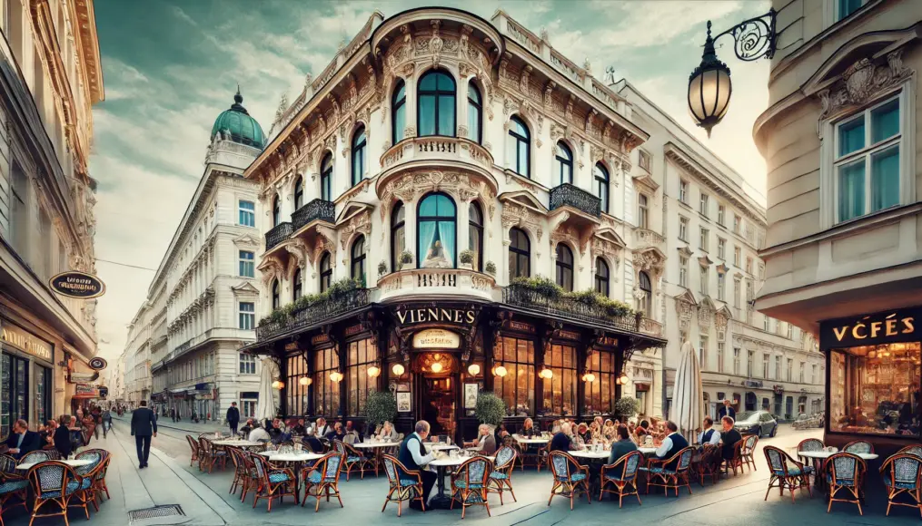 The exterior of a traditional Viennese café with elegant city surroundings