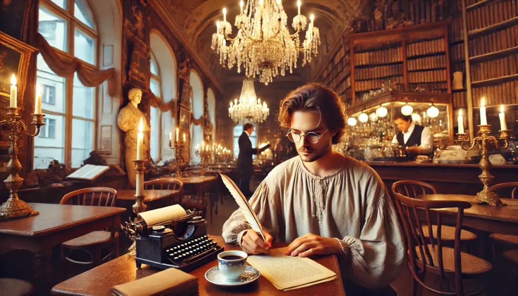 A Viennese writer composing at a café in the 18th century