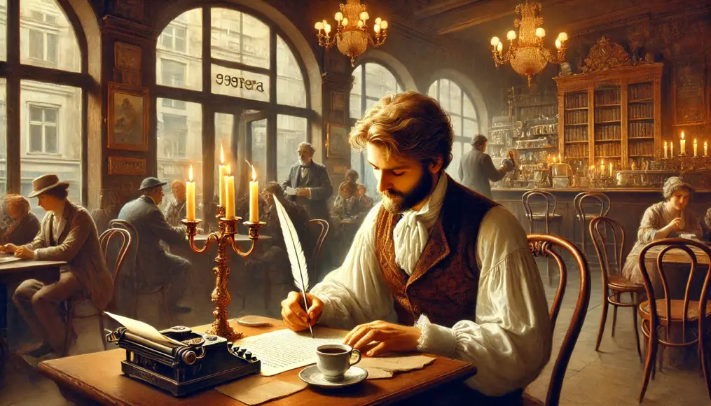 A 19th-century writer composing at a Viennese café