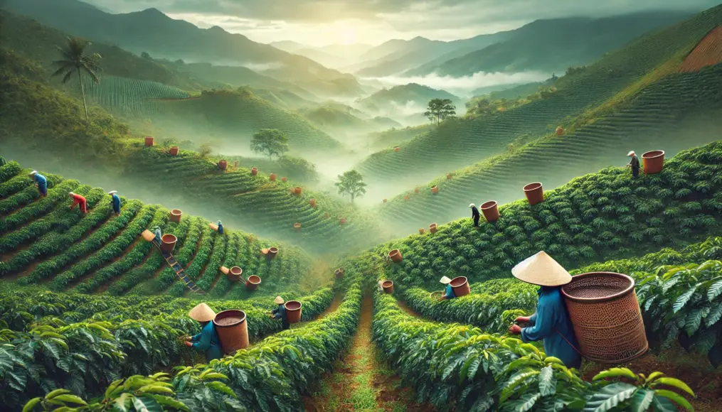 Farmers harvesting robusta coffee beans in a vast Vietnamese coffee plantation