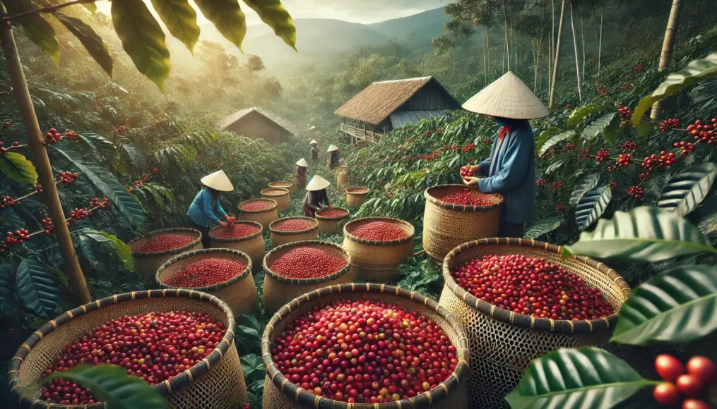 Vietnamese coffee farm and harvest scene