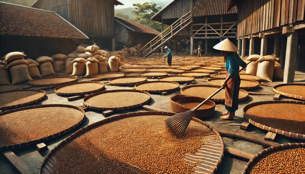 Coffee beans undergoing honey processing, drying under the sun to enhance their sweetness