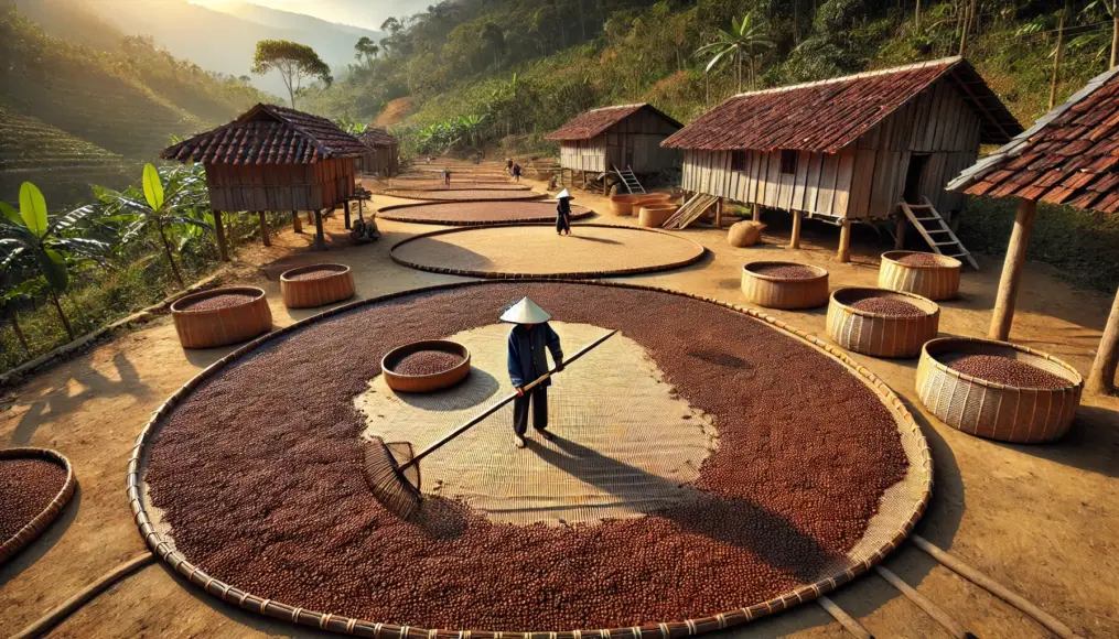 A Vietnamese coffee farm with robusta beans drying in the open sun