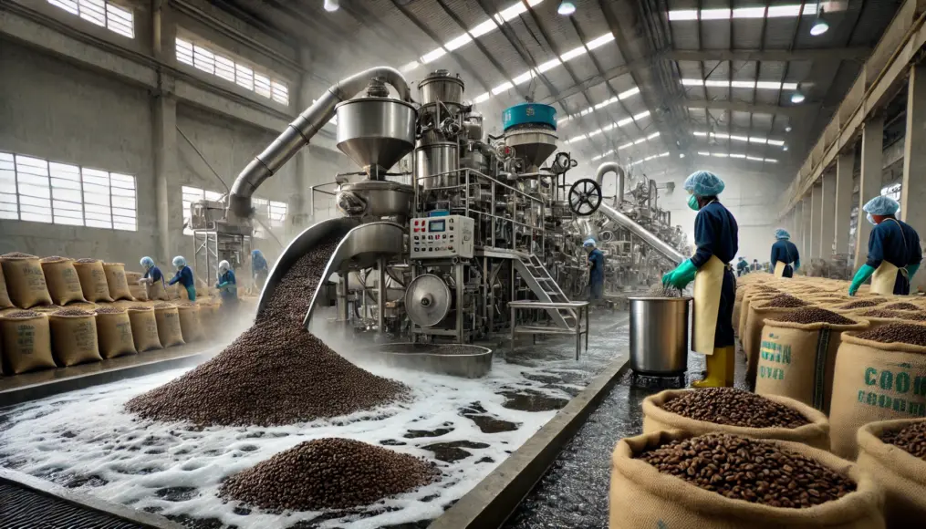 Vietnamese coffee beans being washed in a processing facility, removing impurities for a cleaner taste