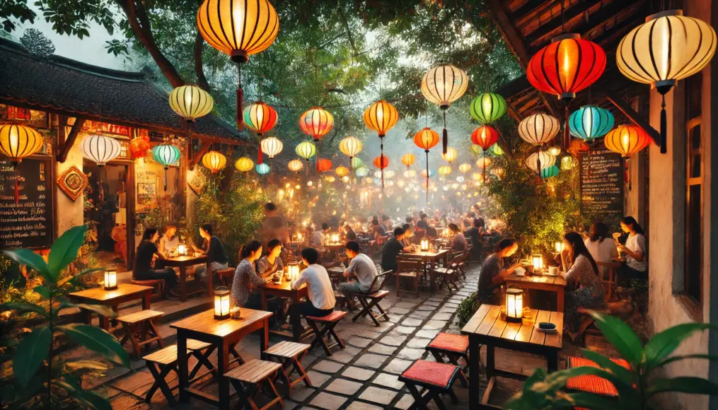 People enjoying coffee at an outdoor café in Vietnam