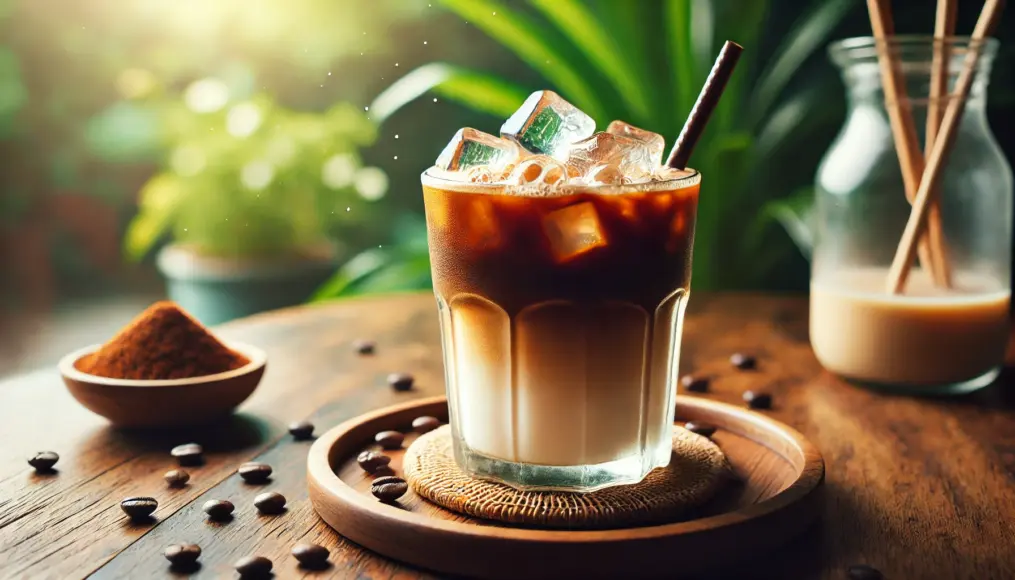 Vietnamese iced coffee in a glass, with layers of coffee and condensed milk, topped with ice