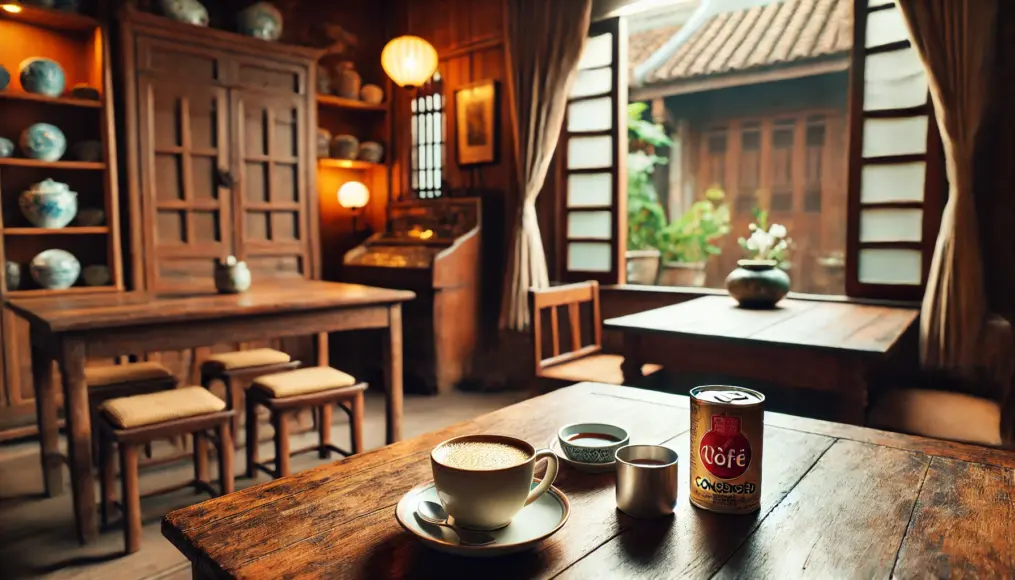 A corner of a traditional Vietnamese café with a wooden table, featuring a coffee cup and a can of condensed milk