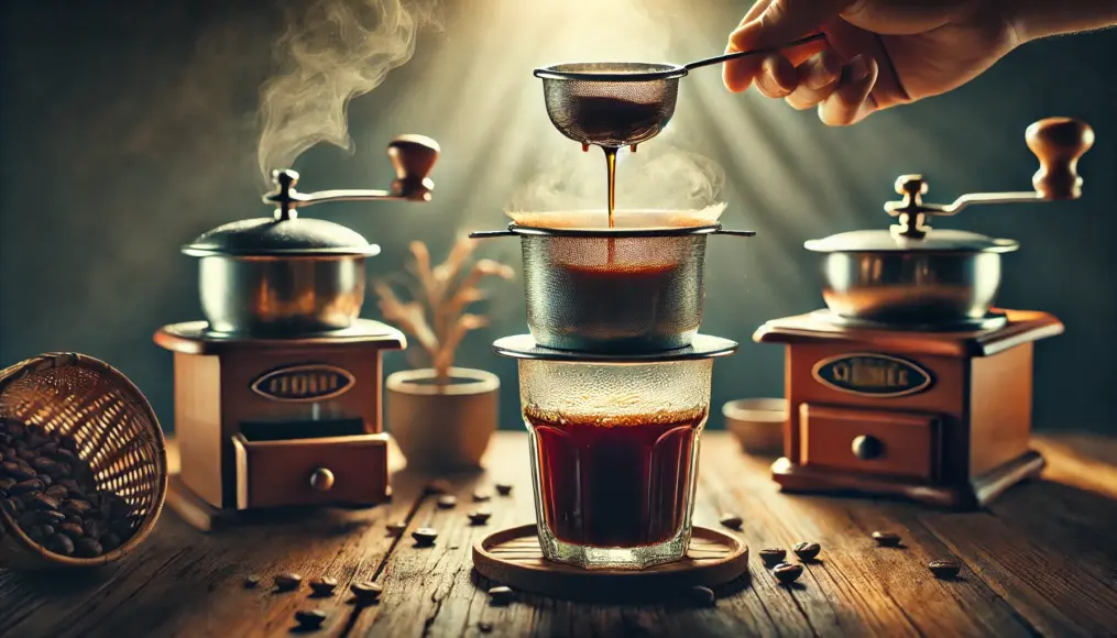 Vietnamese coffee slowly dripping through a metal filter into a glass