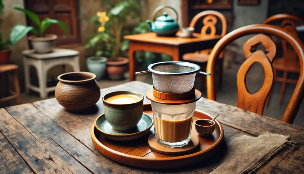 A café table with a Vietnamese-style filter and condensed milk