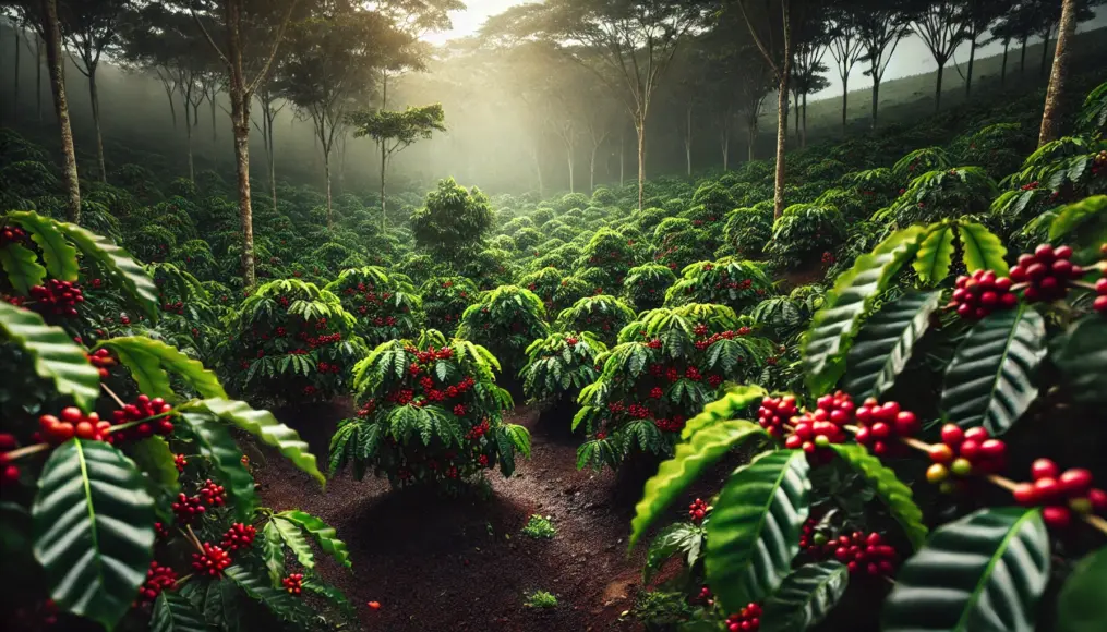 Coffee trees thriving in volcanic soil. Lush green leaves cover the plantation, with ripe red cherries hanging from the branches.