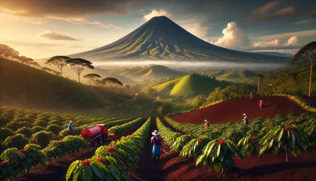 A coffee farm in Colombia's volcanic region, with a towering volcano in the background and coffee cherries ripening on the trees