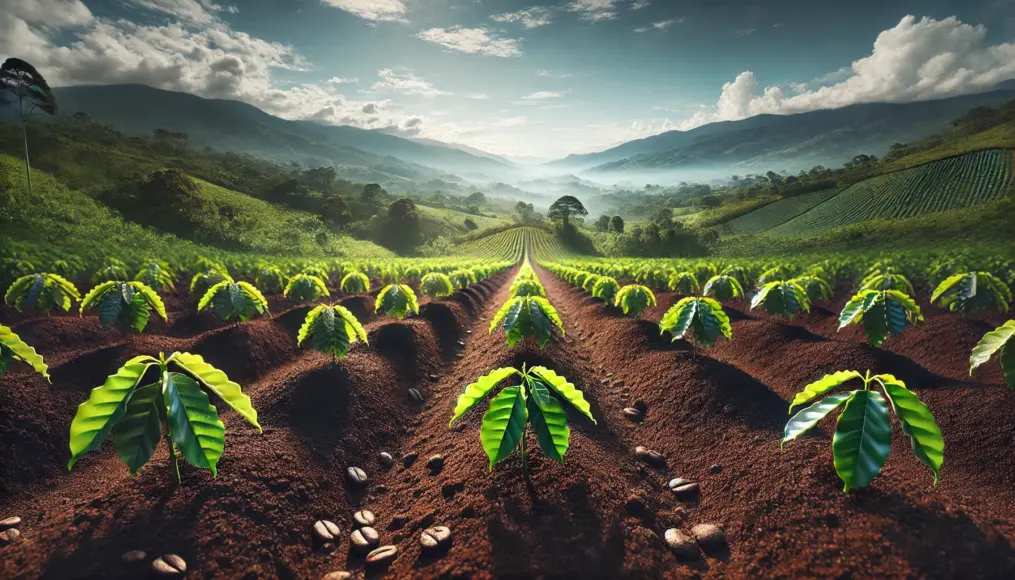 Coffee seedlings thriving in fertile volcanic soil in Colombia