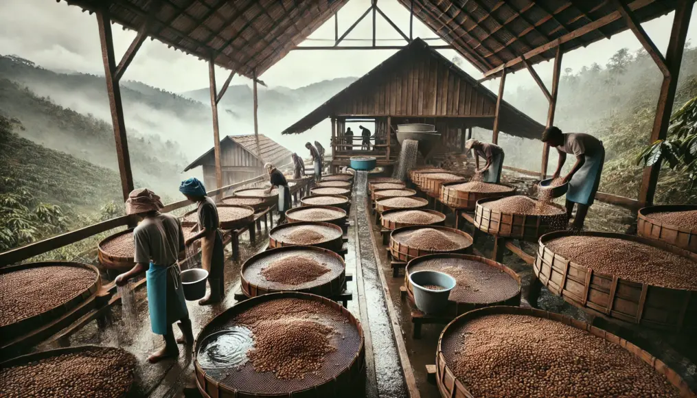 At a coffee processing facility in Java, fully washed coffee beans are rinsed and evenly spread on large drying racks