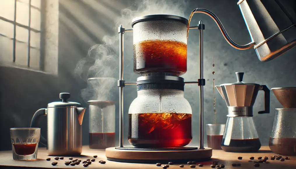 The cold brew extraction process in progress. Water drips slowly through a glass coffee brewer, capturing the essence of the brewing method