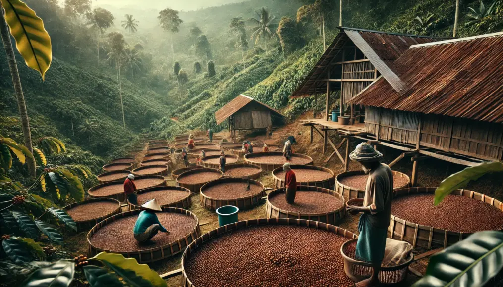 At a coffee farm in Sumatra, wet-hulled processed coffee beans are spread on drying racks, with staff carefully inspecting their condition