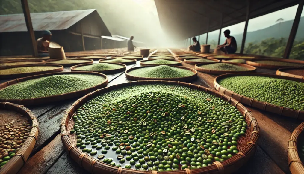 A Sumatra coffee drying station. Freshly hulled, wet green beans are spread out to dry under the sun.