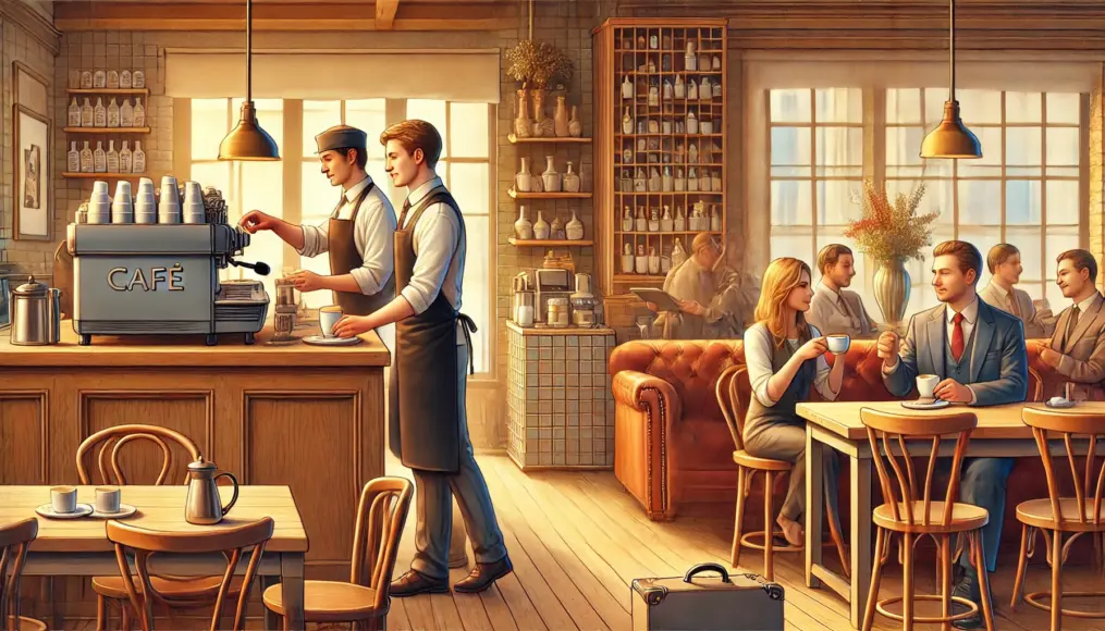 A café scene showing both workers and the upper class. Workers order coffee at the counter while the upper class enjoys a relaxed time at tables.