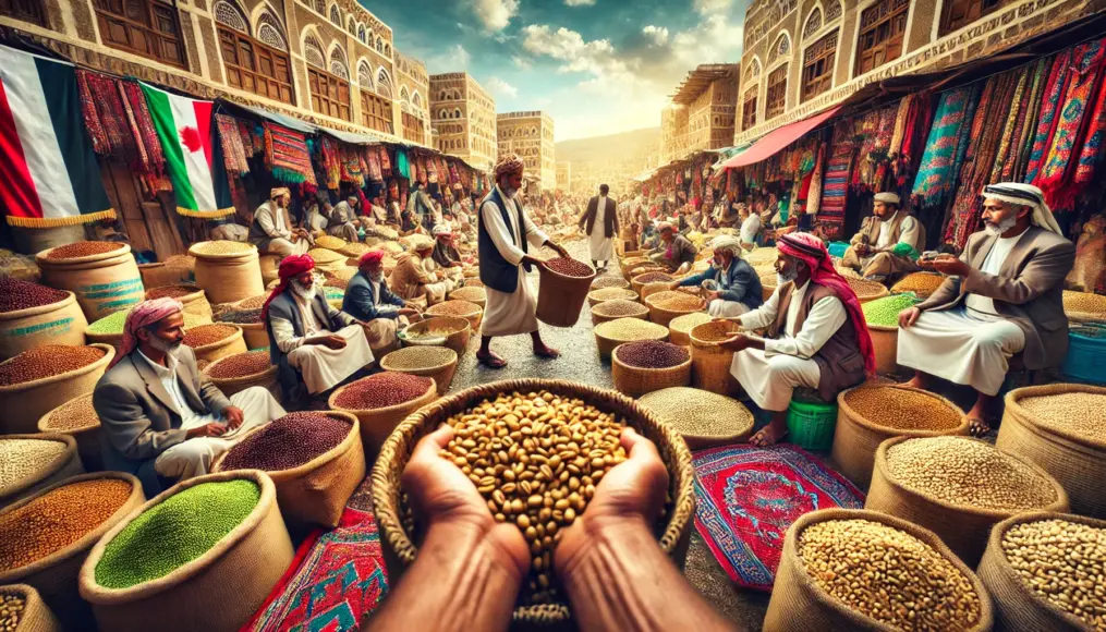 A traditional Yemeni market where farmers hand over freshly harvested coffee beans to merchants.