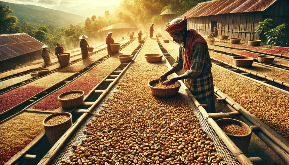 Coffee beans processed using Yirgacheffe’s traditional washed method. Beans are laid out on drying beds under natural sunlight, realistically depicted.